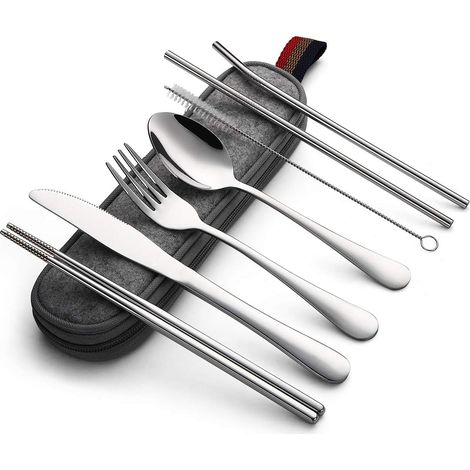Couverts Portables - Ensemble De Couverts En Acier Inoxydable - Pour Voyage Camping Pique-nique - 8 Pièces Avec Étui (1/5)