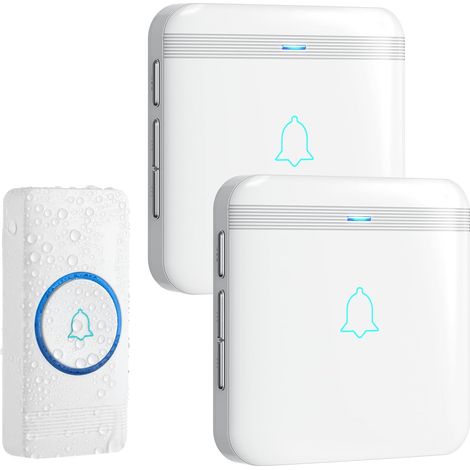 Sonnette sans Fil, Bouton de Sonnette, Carillon de Porte étanche IP55 avec 2 récepteurs enfichables, Flash LED, 5 Niveaux de Volume, 52 mélodies, portée de Fonctionnement de 400 m, Blanc (1/5)