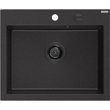 Mexen Elix fregadero de granito 1-cubeta 600 x 500 mm, negro/metálico plateado, sifón negro - 6525601005-73-B