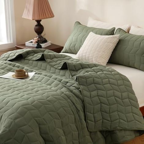 Parure de lit en seersucker pour grand lit – Couvre-lit vert surdimensionné, léger, doux, matelassé, respirant pour toutes les saisons, 3 pièces, 1 couette et 2 taies d'oreiller (1/5)