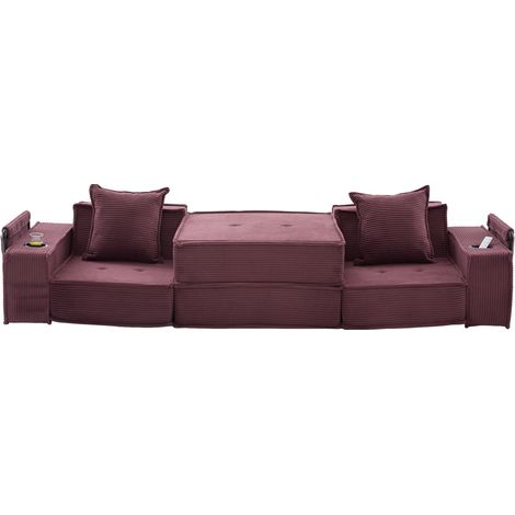 Sofá cama biplaza de terciopelo acanalado rojo vino HOMVRA con 2 cojines y bolsillos laterales (1/5)