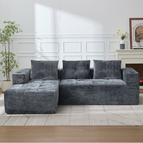 Canapé d’angle en chenille gris 258 cm, rembourré, 4 à 5 places, assise profonde avec porte-gobelets (1/5)
