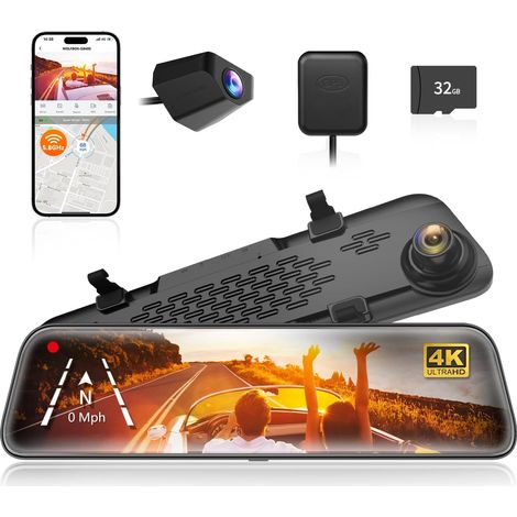 12" 4K Rétroviseur Dash Cam avec caméra de recul,2160P Full HD Rétroviseur, 5.8GHz WiFi, Avant et Arrière Double Lentille Dashcam Voiture, Aide au Stationnement, Carte 32 Go et GPS (G840S) (1/5)