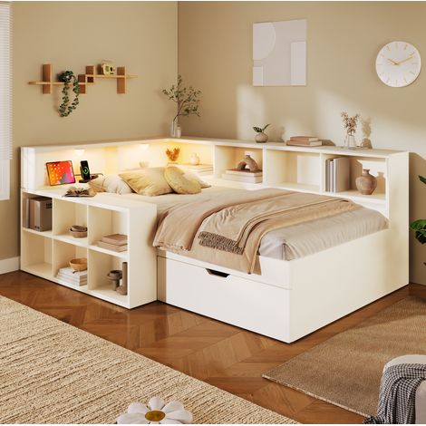 Cama infantil 90x200 cm con compartimentos de almacenaje, lámparas de lectura, puertos USB Type-C y cajones, madera blanca (1/5)