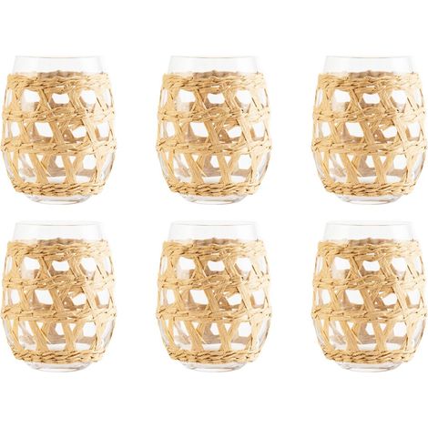 Lot de 6 Verres à Eau de Table en Verre et Rotin Transparent et Marron 9 x 9 x 12,5 cm - PANGIVO (1/3)