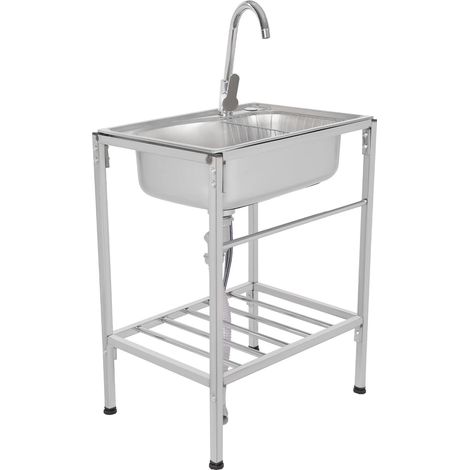 Lavabo mobile in acciaio inox con cestino, Lavello da cucina, lavabo da esterno 60 x 45 x 15 cm, rubinetto per acqua calda e fredda girevole a 360°, lavello commerciale con una ciotola, 1 lavabo (1/5)
