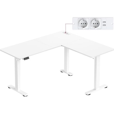 Bureau électrique réglable en hauteur table d’angle en L 140 x 160 cm avec multiprise fonction mémoire 2 hauteurs pour télétravail blanc