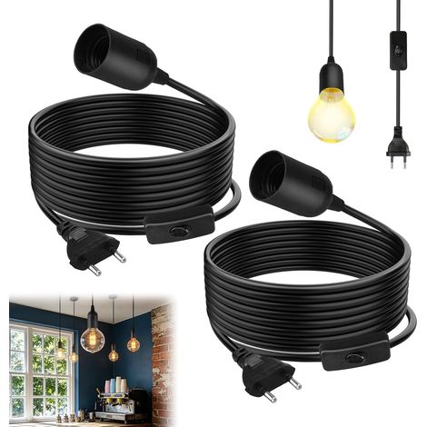 Juego de 2 portalámparas E27 con interruptor, cable y enchufe cable de alimentación de 1,8 m y enchufe europeo portalámparas E27 negro para lámparas colgantes iluminación interior para dormitorio, sal