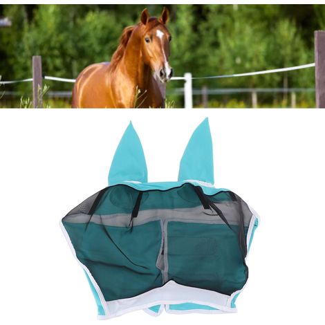 Masque Anti-insectes pour Cheval avec Oreilles Protection UV et Respirante Taille S Bleu 42x35cm (1/5)