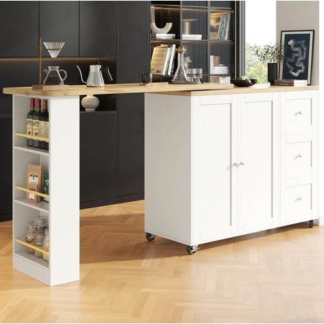 Bar avec rangements 203x39x104 cm blanc en MDF pivotant à 360° avec roulettes et snack-rack (1/5)