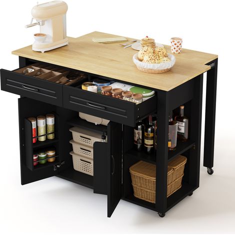 Isla de cocina móvil extensible de 120 cm con barra y tomas de corriente, que incluye 2 cajones y 2 puertas de armario con estantes. Ideal para cocinas, comedores, salas de estar, etc.