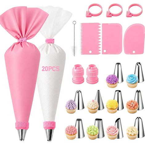 Lot de 40 Poches à Douille avec Douilles, jetables, en Silicone, pour décorer des pâtisseries, des gâteaux, des Biscuits, des Cupcakes (Rose, Blanc) (1/5)