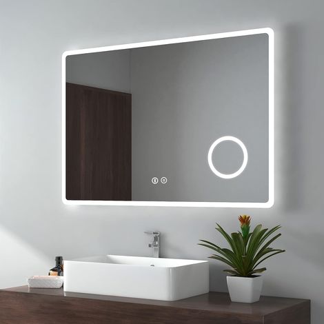 EMKE LED Bathroom Mirror Illuminated Wall Bluetooth Mirror Touch Switch, Demister Pad, Shaver Socket, 3X Magnifying Mirror, Horizontal, 1000x700mm (1/5)
