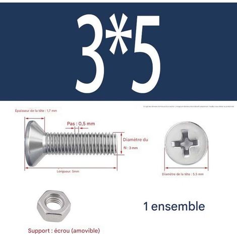 paquet (30 jeux) de vis à tête creuse hexagonale M3x5 mm, vis à tête plate en acier inoxydable 304 avec écrous hexagonaux (1/5)