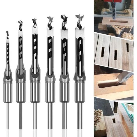 Lot de 6 Forets à bois trou carré Bédanes Creux en Acier Outils Set pour travail du bois Foret a trou carre Foret Trou de Perçage Mortaiser Burin 6,4/8/9,5/12,7/14/16mm Mèches Trou Carré (1/5)