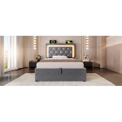 Cama 90x200 cm de terciopelo gris con LED y arcón, para dormitorio juvenil, sin colchón – MEUBLIV (1/5)