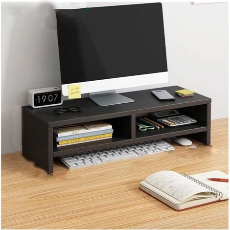 Wooden monitor stand, desk stand, computer monitor riser, desk organizer, multifunctional shelf with double-layer storage tray, black (1/5)