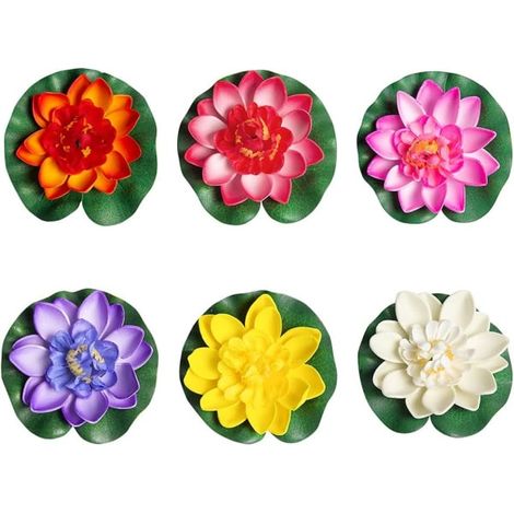 Lot de 6 fleurs de lotus artificielles en mousse, 10 cm, nénuphars flottants pour la décoration de fontaines d'été et petits bassins, 6 couleurs-AquaForge