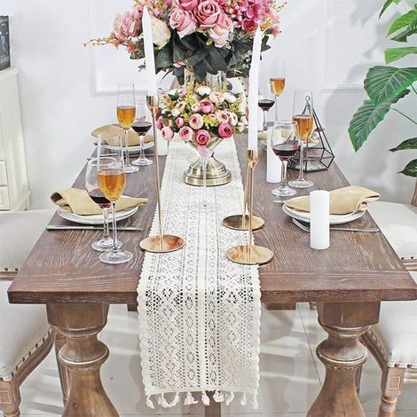 BelleRise - Chemin de table rectangulaire en macramé beige 9,5 x 71 pouces, dentelle au crochet élégante, maille ajourée, pour bohème. (1/4)