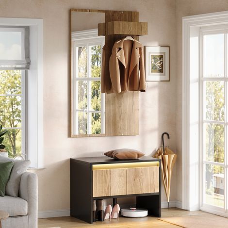Flurmöbel mit Spiegel, Schuhbank und 2 Schubladen, 60 x 38 x 145 cm