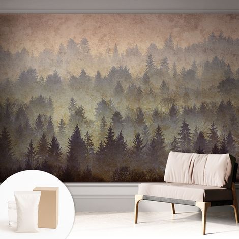Papier peint intissé mural classique avec imprimé motifs décoratifs design élégant non‑tissé Brume forestière 312x219 cm (1/5)