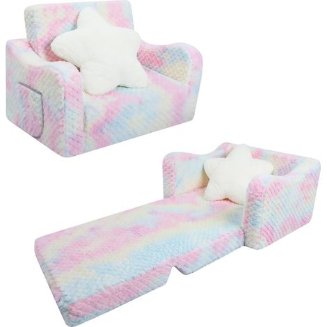 Canapé Pliant pour Enfants avec Oreiller en Forme d'étoile Canapé-Lit Convertible 2 en 1,Fauteuil Stable pour Fille Bébé avec Poche, Canapé Chaise Confortable pour Chambre à Coucher Salon,Texture Rose (1/5)