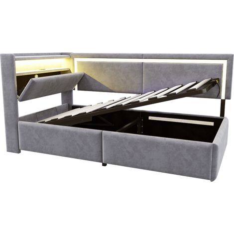 Lit capitonné 90x200 cm en velours gris clair avec LED, USB et rangement hydraulique (1/5)