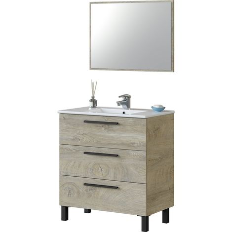 Bodenstehendes Badmöbel 80 cm 3 Schubladen Eiche mit Spiegel und Einbaubecken – Argentera - Eiche hell Mit Doppelsäulen und Led - Accessorio: Con Colonna e Lampada Led - Colore: Rovere chiaro
