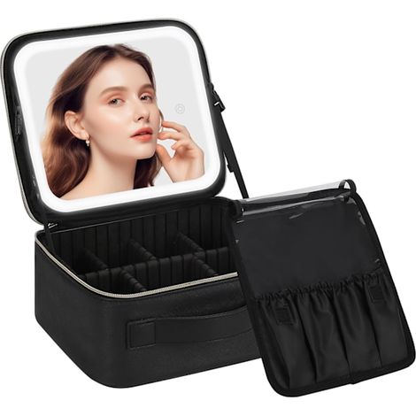 Trousse de maquillage de voyage avec miroir et éclairage LED (3 couleurs disponibles), boîte à maquillage, organisateur de maquillage, trousse de toilette pour femmes, outils de beauté (1/5)