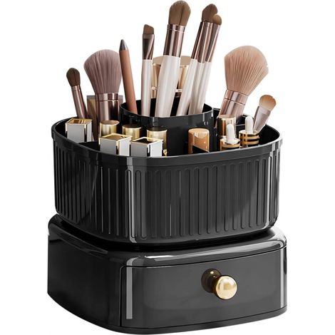 Organizador de maquillaje apilable, soporte para brochas de maquillaje con bandeja giratoria de 360°, estante para cosméticos (negro) (1/5)