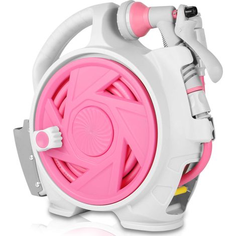 Enrouleur automatique de tuyau d'arrosage — Enrouleur domestique portable et compact (45 + 5 pieds) — Buse de pulvérisation à 7 modes incluse (Rouge rosé)