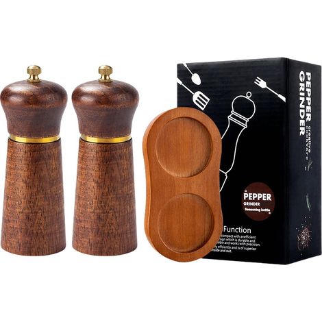 Ensemble de 2 moulins à poivre en chêne couleur rétro de 12,7 cm avec base en chêne (1/4)