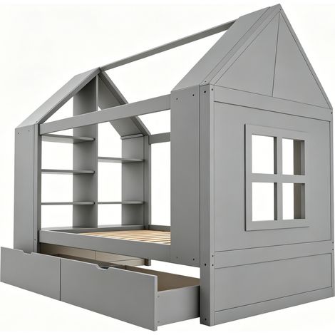 Kinder-Hausbett 90 x 200 cm grau mit zwei Schubladen, LED und Stauraum (1/5)