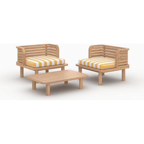 Set de jardín Kilda 2 plazas en teca, tejido a rayas amarillas, 2 sillones