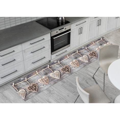 BIANCHERIAWEB Tappeto Passatoia Cucina Retro Antiscivolo Runner Corsia Antisfilo Sottolavello Fantasia Shabby Love Stampa Digitale Disegno Cuori Appesi Grigio (1/4)