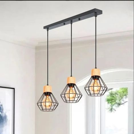 Lustre Suspension Vintage Lampe Luminaire Industriel en Cage Lampe de Plafon Rétro Ajustable en Bois Métal pour Salon Chambre (1/5)