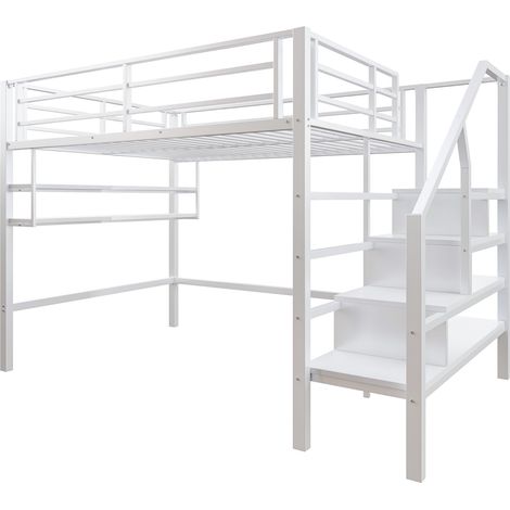 Letto a soppalco 140 x 200 cm in metallo e MDF con contenitori bianco