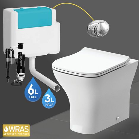 Square Back to Wall Toilet Pan, Seat & BTW Concealed Cistern - Chrome Push Button (1/4)