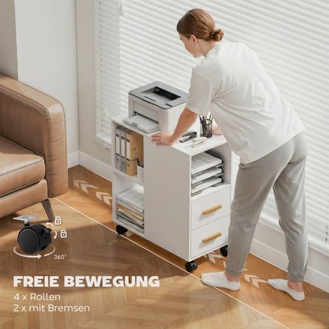 Support imprimante avec étagère réglable, roulettes pour fax et scanner, 60 x 30 x 65 cm, blanc (1/5)