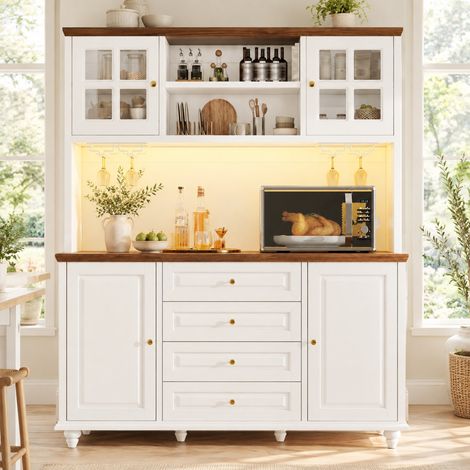 MODFU – Credenza alta cucina 140x40x179,5 cm in MDF/metallo con LED RGB, 4 cassetti e portabottiglie, carico 60 kg – Bianco (1/5)