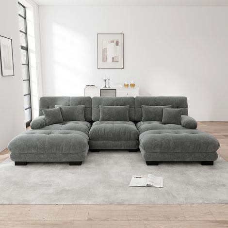 Canapé d'angle modulable 3 places – Tissu chenille vintage – Confort ergonomique – Repose-pieds amovibles – gris (1/5)