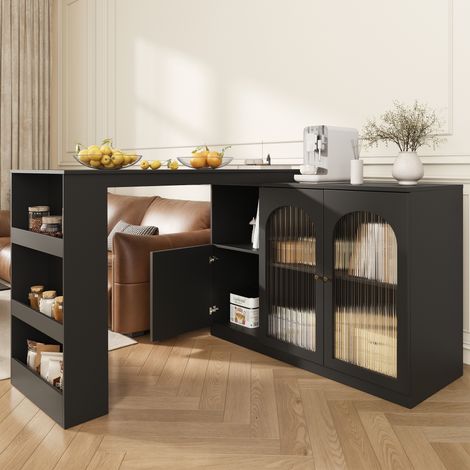 360° rotating bar table (main body 120 x 40 x 97 cm), modern and simple black rotating dining and bar cabinet, multifunctional storage cabinet with glass door