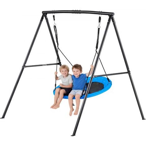 Gartenschaukel mit A-förmigem Metallgestell, Schaukelsitz (101,6 cm Groß), bis zu 199,6 kg Tragkraft, Schaukelset Outdoor, Verstärkt mit Spiralförmigen Bodenankern, Tellerschaukel Schwarz Blau (1/5)