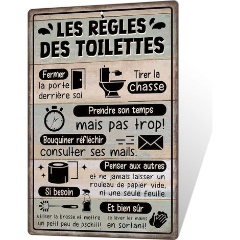 Plaque métallique humoristique "Les règles des toilettes" – Décoration murale vintage 20x30 cm – Instructions amusantes pour salle de bain