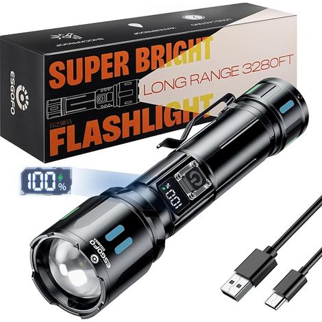 Esgofo Ultra-LED-Taschenlampe mit 1.000.000 Lumen, USB-C-wiederaufladbar, hohe Reichweite, taktisches Design, Zoomfunktion, 3 Leuchtmodi, 15 Stunden Akkulaufzeit, ideal für Camping, Wandern und Notfäl (1/5)