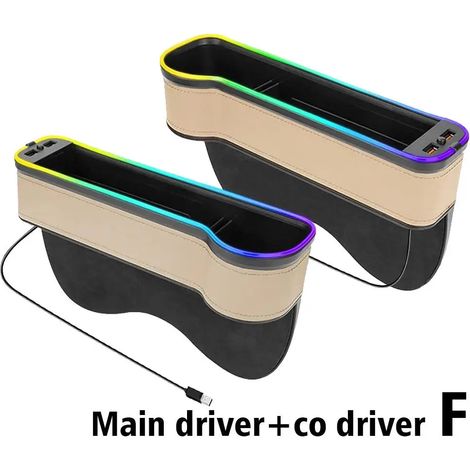 (F) Boîte de rangement pour recoins de voiture avec 2 chargeurs USB rapides, lampe d'ambiance LED, organisateur pour combler les espaces entre les sièges de voiture, accessoires intérieurs de voiture (1/5)