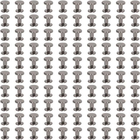 100 Pièces Vis de Reliure Métal Chicago Laiton Électrozingué Tête Plate Ronde Surface Arc pour Rivets Cuir DIY 9x6.5mm Gris Argenté