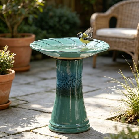 Bebedero y baño para pájaros de cerámica turquesa Ø43 x 45 cm OKWISH (1/5)