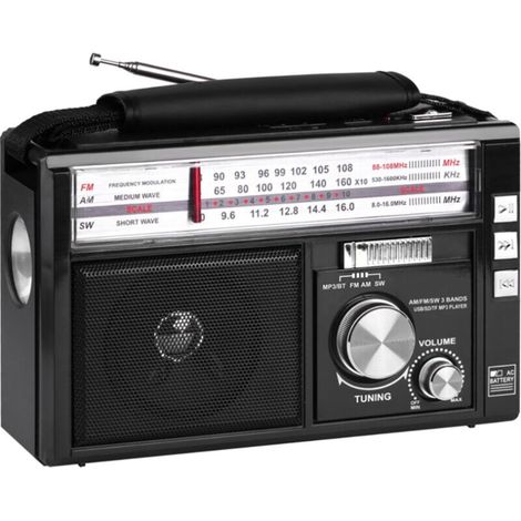 Radio portable rétro multi-bandes: Bluetooth, lecture TF/USB, lampe torche, recharge AC/DC, FM/AM/SW,noir (1/4)