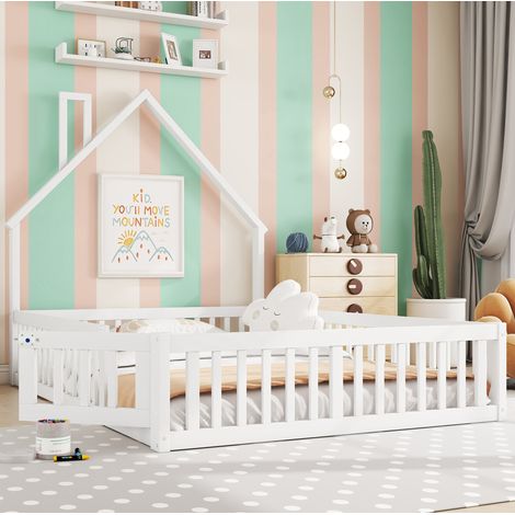 MODFU – Lit enfant 140x190 cm pin/MDF blanc – Forme cheminée et barrières – Sommier lattes – Blanc (1/5)